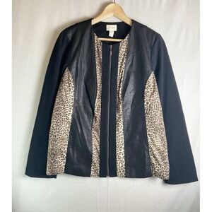 Chico's Leopard Panel Jacket Womens 2 Faux Leather Zip Front Animal Print Black